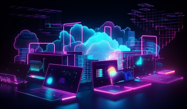 Futuristic Cloud technology, computing. Neon tones, Devices connected to digital storage in the data center via the Internet, IOT, Smart Home Communication laptop, tablet. Generative AI