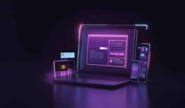 A laptop with a screen that says "comerce" on it. There are also other devices on the table, such as a cell phone and a tablet